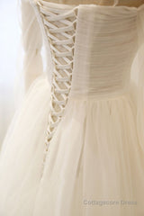 Long Sleeves White Tulle Prom Wedding Dresses, Long Sleeves White Tulle Formal Evening Dresses