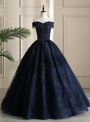 Looking For Cute And Stylish Navy Blue Ball Gown Tulle Lace Off the Shoulder Beading Quinceanera Dress