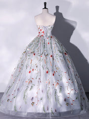 Lovely Strapless Floral Tulle Long Prom Dress, Gray  A-Line Evening Party Dress