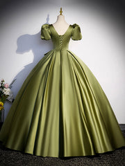 Green Satin Short Sleeve Floor Length Formal Dress, Green A-Line Prom Dress