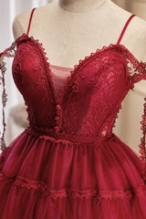 Burgundy Lace Short A-line Prom Dress, Cute Spaghetti Strap Party Dress