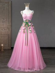 Pink Tulle Flower Long Prom Dresses, Lovely Spaghetti Formal Dresses Sweet 16 Dresses