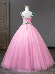 Pink Tulle Flower Long Prom Dresses, Lovely Spaghetti Formal Dresses Sweet 16 Dresses