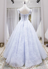 Light Blue Tulle Lace Long Prom Dress, A-Line Graduation Dress