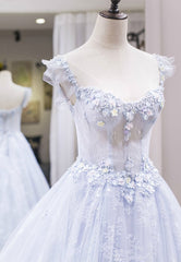 Light Blue Tulle Lace Long Prom Dress, A-Line Graduation Dress