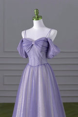 Lovely A-line Light Purple Tulle Beaded Long Party Dress, Light Purple Prom Dress