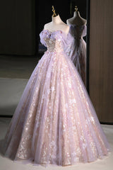 Lovely A-Line Off the Shoulder Sequins Prom Dress, Purple Tulle Corset Floor Length Evening Dress