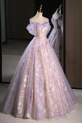 Lovely A-Line Off the Shoulder Sequins Prom Dress, Purple Tulle Corset Floor Length Evening Dress