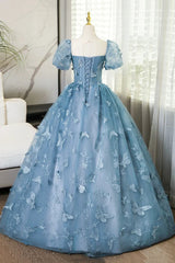 Lovely Blue Short Sleeves Long Party Dress With Butterfly Lace, Blue Prom Dress