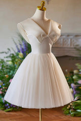 Lovely Champagne Knee Length Prom Dress, A-Line V-Neck Bow Sleeveless Backless Party Dress