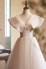 Lovely Champagne Long Prom Dresses, A-Line Princess V-Neck Bow Sleeveless Backless Formal Dresses