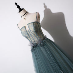 Lovely Green Tulle Lace Top Long Strapless Handmade Prom Dress,Tulle Evening Dress Party Dress