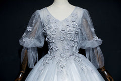 Lovely Grey Tulle Puffy Sleeves with Lace Long Formal Dress, Sweet 16 Dresses