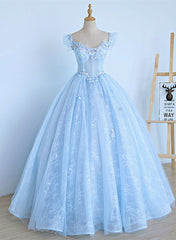 Lovely Light Blue Lace Cap Sleeve Sweet 16 Prom Dress, Evening Dress