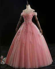 Lovely Pink Floral Tulle Off Shoulder Flowers Princess Gown, Pink Sweet 16 Formal Dresses