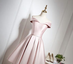 Lovely Pink Satin Off Shoulder Knee Length Formal Dress, Homecoming Dress