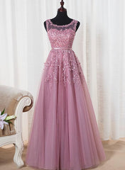 Lovely Round Neckline Tulle Long Prom Dress, Cute A-line Formal Dress