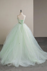 Lovely Sweetheart Neckline Tulle Long Prom Dress with Lace, Green Strapless Evening Dress