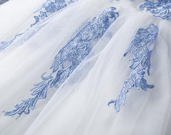 Lovely White Tulle Party Dress with Blue Applique, Homecoming Dress