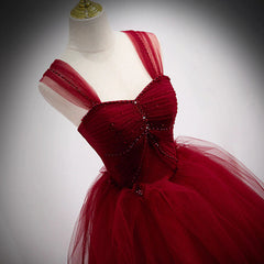 Lovely Wine Red Princess Tulle Beaded Long Party Dress, Dark Red Formal Gown