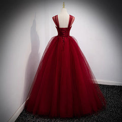 Lovely Wine Red Princess Tulle Beaded Long Party Dress, Dark Red Formal Gown