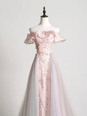 Lovely Tulle Applique Long Prom Dress, A-Line Evening Dress with Detachable Skirt