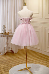 Pink Tulle Short Prom Dress, Pink A-Line Strapless Homecoming Dress