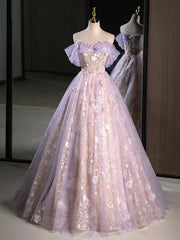 Purple A-Line Off the Shoulder Sequins Prom Dress, Lovely Tulle Corset Floor Length Evening Dress