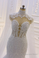 Luxurious 3D Lace Applique High Neck Tulle Mermaid Wedding Dress