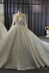 Luxurious Ball Gown Long Sleeves Crystal Beading Wedding Dress A line Classic