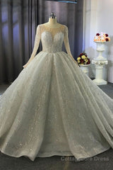 Luxurious Ball Gown Long Sleeves Crystal Beading Wedding Dress A line Classic