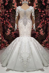 Luxurious Crystals Mermaid Bridal Gowns Long Sleevess Chapel Train Wedding Dresses