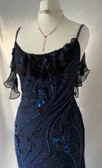 Luxurious Navy Blue Chiffon Beaded Evening Dress Formal Party Prom Dress