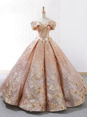 Luxury Gold Ball Gown Sequins Off The Shoulder Appliques Wedding Dress