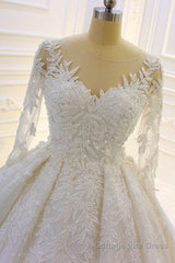 Luxury Long Ball Gown Lace Appliques Wedding Dress with Sleeves