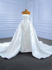 Luxury White Satin Strapless Appliques Beading Wedding Dress