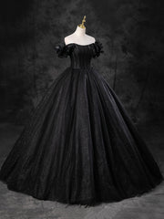 Black Sparkly Tulle Off the Shoulder Long Formal Dress, Elegant A-Line Black Evening Party Dress