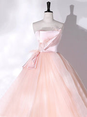 Pink Strapless Tulle Long Formal Dress, Pink A-line Prom Dress with Feathers