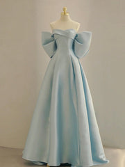 Charming Blue Satin Long Prom Dress with Big Bow, A-Line Sweetheart Neck Formal Dress