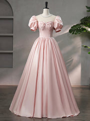 Beautiful Pink Scoop Neck Satin Floor Length Prom Dress, A-Line Short Sleeve Evening Dress with Bow