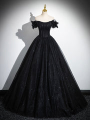 Sparkly Tulle Black Sweetheart Ball Gown, A-Line Off the Shoulder Evening Dress