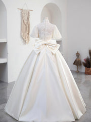 Beautiful Sweetheart Neck Satin Long Prom Dress with Detachable Lace Top, White Formal Wedding  Dress