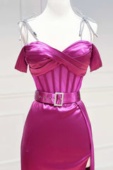 Magenta Sweetheart Belted A-Line Prom Dress with Slit