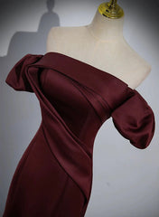 Maroon Satin Mermaid Off Shoulder Prom Dress, Maroon Party Dress