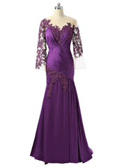 Mermaid 3/4 Sleeves Purple Satin Appliques Mother Of The Bride Dresses