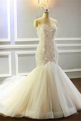 Mermaid Appliques Sweetheart Wedding Dresses Sleeveless Tulle Pleated Bridal Gowns