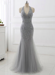 Mermaid Beading Formal Women Dresses Sexy Backless Gray Tassel Evening Dress