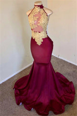 Mermaid Burgundy High-Neck Applique Sleevless Prom Dresses