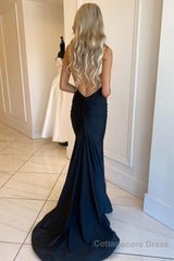 Mermaid Deep V Neck Black Long Prom Dress with Open Back