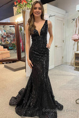 Mermaid Deep V Neck Black Sequins Long Prom Dress with Open Back